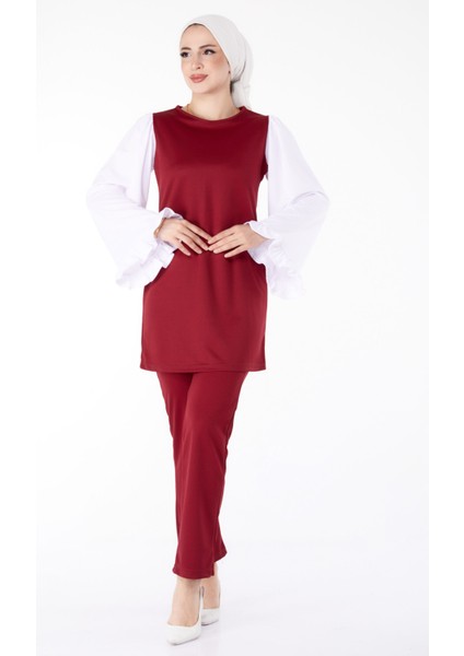 Düz Bisiklet Yaka Kadın Bordo Tunik Pantolon Ikili Takım - 13198 fiyatları