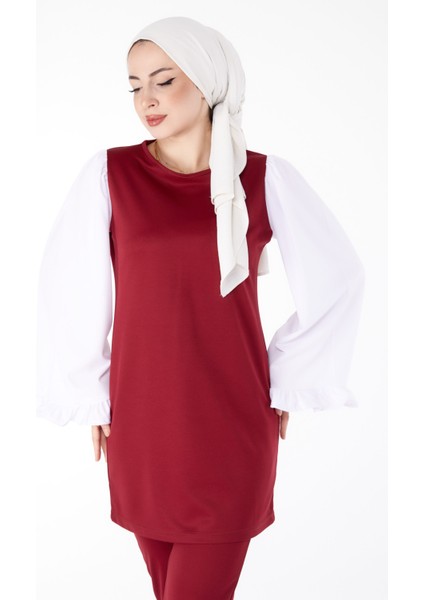 Düz Bisiklet Yaka Kadın Bordo Tunik Pantolon Ikili Takım - 13198 modelleri