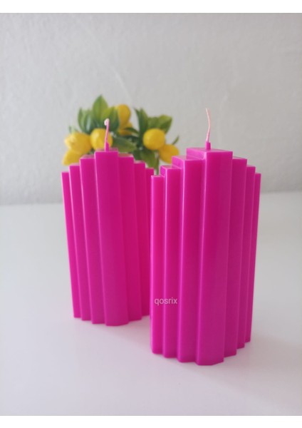Pembe Fuşya Doğal Kokulu Sütun Geometrik Şekil Kule Mum Dekoratif 1 Adet