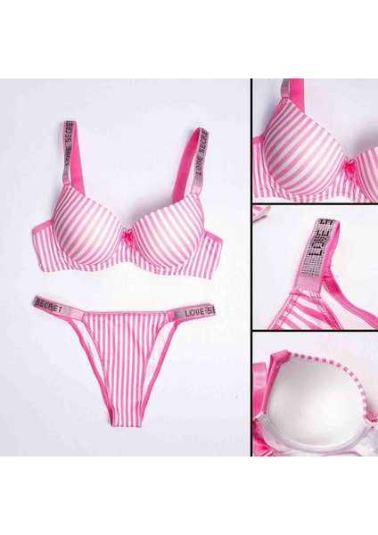 Lingerie Kadın Taşlı Çizgili Mikro Kumaş Yarı Dolgulu Sütyen Takım