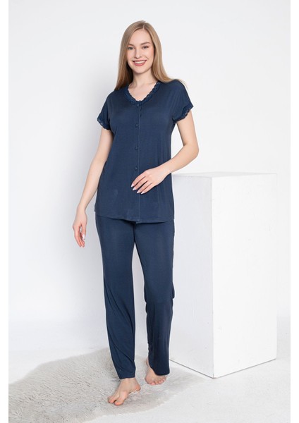 Kadın Viskon Önü Düğmeli Çıkmakol Pijama Takım