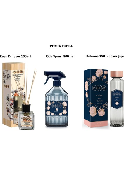 Pudra Koku Serisi Kolonya Cam Şişe 250 ml Sprey, Oda Kokusu 500 ml, Çubuklu Oda Kokusu 100 ml