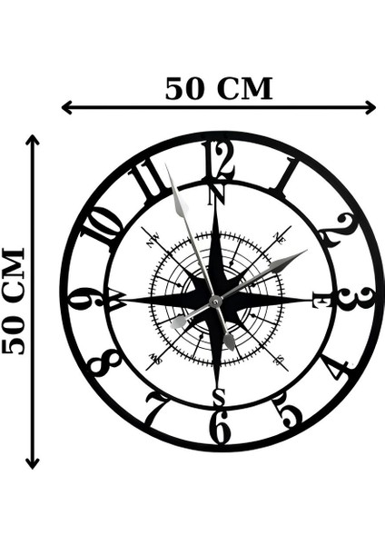 Alpha Metal Design Pusula Temalı Duvar Saati - 50X50 Cm Metal Duvar Saati - Siyah Duvar Saati AMD3110