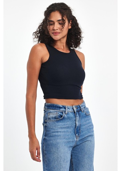 Kadın Lacivert Fitilli Görünümlü Askılı Kalın Esnek Örme Basic Crop Atlet Bluz modelleri