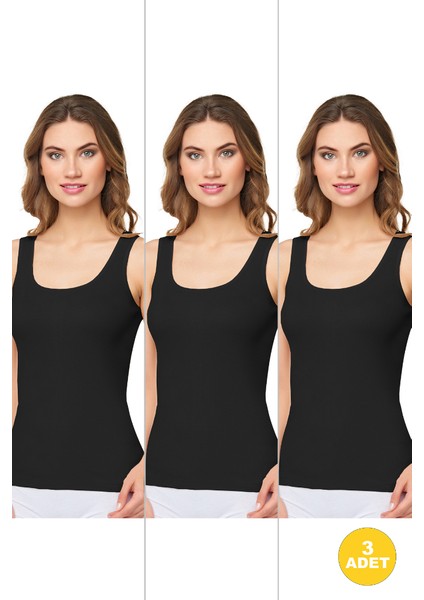 Kadın Ribana Geniş Askılı Pamuklu Likralı Detaylı Atlet 3'lü Paket