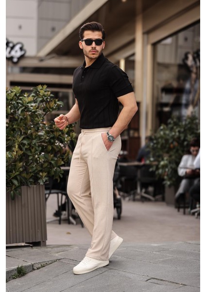 Rahat Kalıp Beli Lastikli Baggy Pantolon - Bej