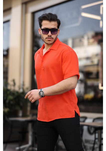 Polo Yaka Oversize Yarım Pat Bambu Kısa Kol Gömlek - Turuncu