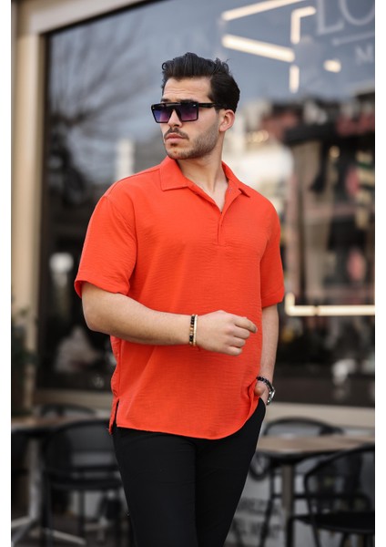 Polo Yaka Oversize Yarım Pat Bambu Kısa Kol Gömlek - Turuncu fiyatları