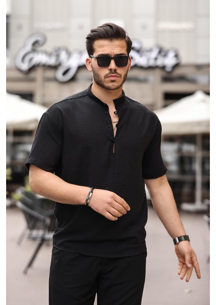 Oversize Yarım Pat Bambu Kısa Kol Gömlek - Siyah