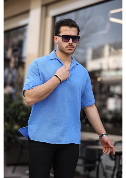 Polo Yaka Oversize Yarım Pat Bambu Kısa Kol Gömlek - Parlement Mavi fiyatları