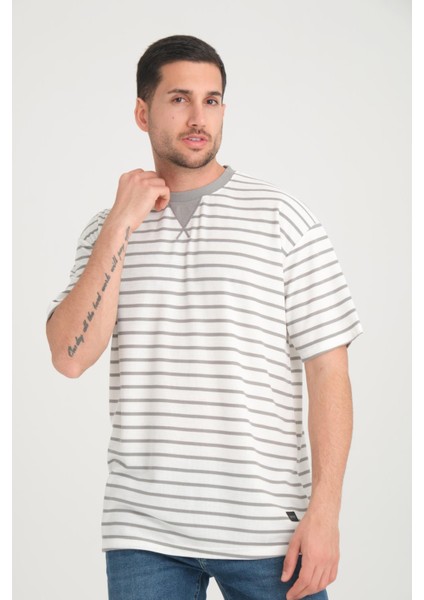 Zarf Yaka Detaylı Çizgili Oversize T-Shirt - Mint Yesili