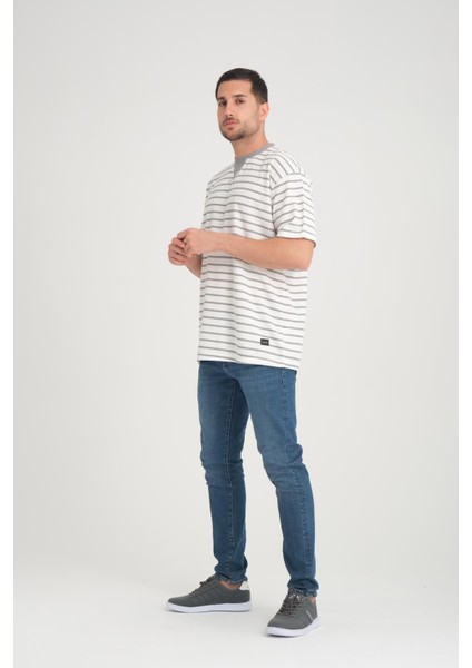 Zarf Yaka Detaylı Çizgili Oversize T-Shirt - Mint Yesili