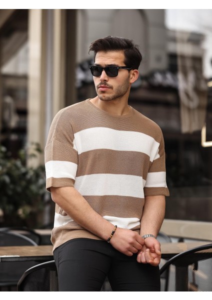 Oversize Çizgili Basic Triko T-Shirt - Bej