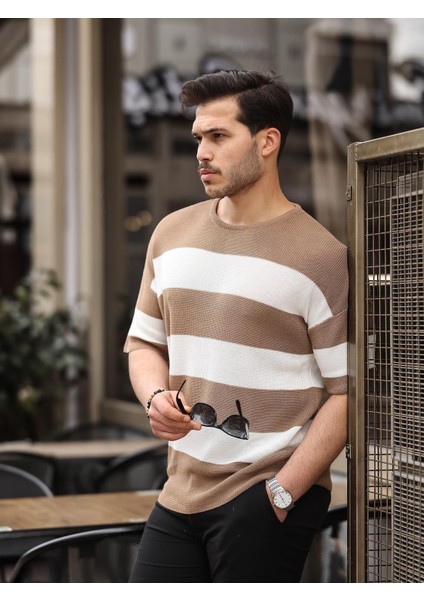 Oversize Çizgili Basic Triko T-Shirt - Bej