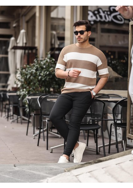 Oversize Çizgili Basic Triko T-Shirt - Bej