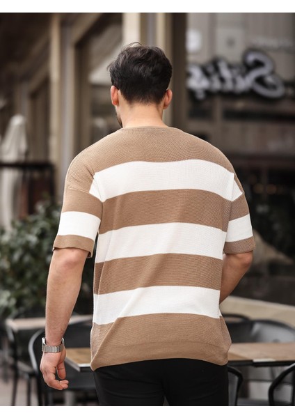 Oversize Çizgili Basic Triko T-Shirt - Bej