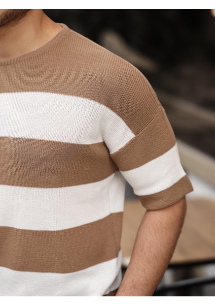 Oversize Çizgili Basic Triko T-Shirt - Bej