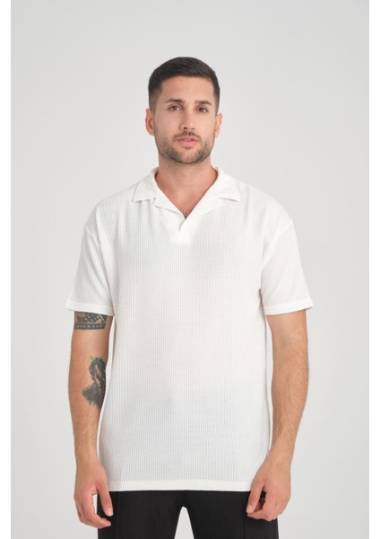 Premium V Yaka Oversize Fitilli T-Shirt - Beyaz
