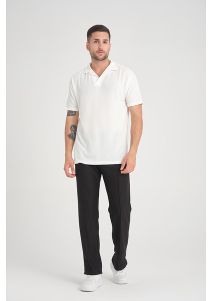 Premium V Yaka Oversize Fitilli T-Shirt - Beyaz modelleri
