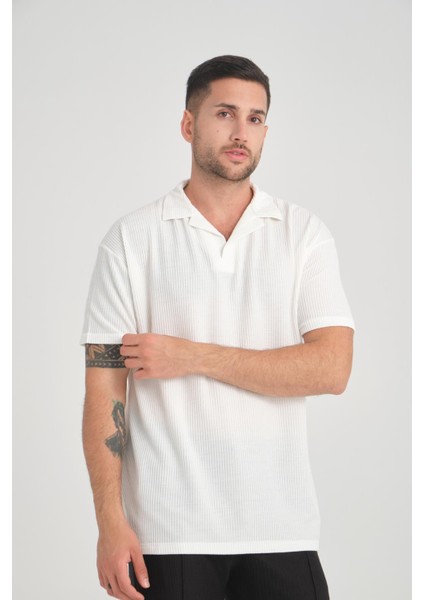 Premium V Yaka Oversize Fitilli T-Shirt - Beyaz fırsatları