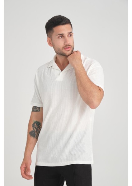 Premium V Yaka Oversize Fitilli T-Shirt - Beyaz indirimleri