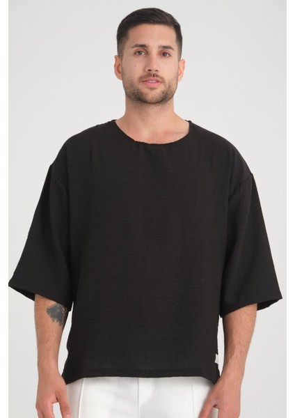 Bisiklet Yaka Fakir Kol Oversize Kısa Kol T-Shirt - Siyah
