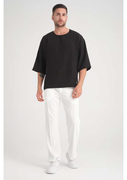 Bisiklet Yaka Fakir Kol Oversize Kısa Kol T-Shirt - Siyah