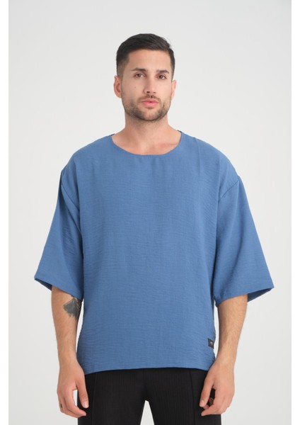 Bisiklet Yaka Fakir Kol Oversize Kısa Kol T-Shirt - Mavi