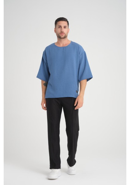 Bisiklet Yaka Fakir Kol Oversize Kısa Kol T-Shirt - Mavi