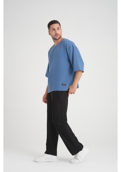 Bisiklet Yaka Fakir Kol Oversize Kısa Kol T-Shirt - Mavi