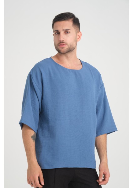 Bisiklet Yaka Fakir Kol Oversize Kısa Kol T-Shirt - Mavi