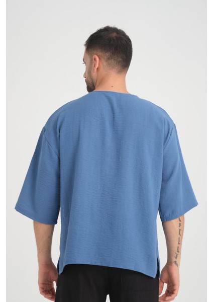 Bisiklet Yaka Fakir Kol Oversize Kısa Kol T-Shirt - Mavi