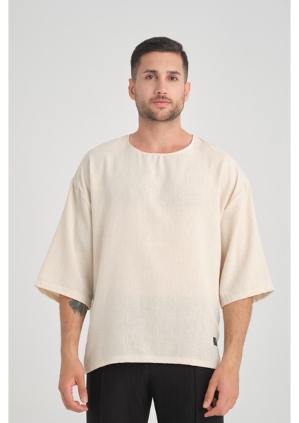Bisiklet Yaka Fakir Kol Oversize Kısa Kol T-Shirt - Bej