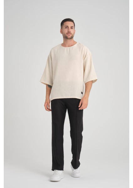 Bisiklet Yaka Fakir Kol Oversize Kısa Kol T-Shirt - Bej