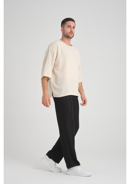 Bisiklet Yaka Fakir Kol Oversize Kısa Kol T-Shirt - Bej