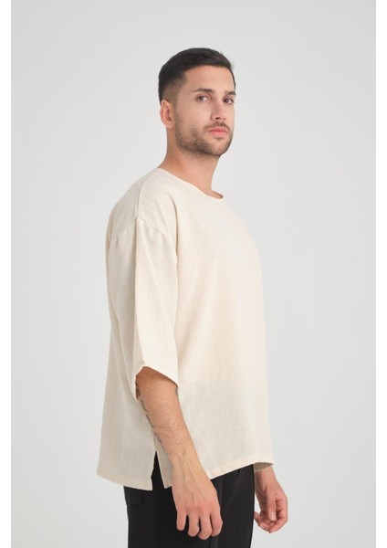 Bisiklet Yaka Fakir Kol Oversize Kısa Kol T-Shirt - Bej