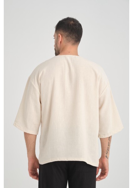 Bisiklet Yaka Fakir Kol Oversize Kısa Kol T-Shirt - Bej
