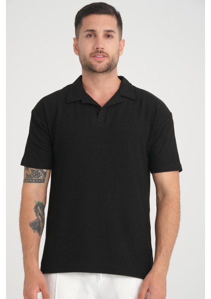 Premium V Yaka Oversize Fitilli T-Shirt - Siyah