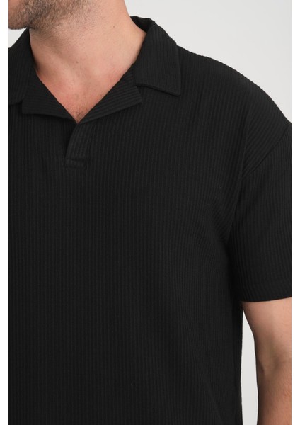 Premium V Yaka Oversize Fitilli T-Shirt - Siyah
