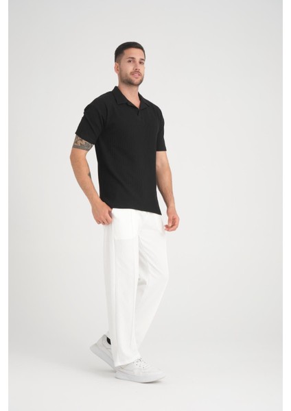 Premium V Yaka Oversize Fitilli T-Shirt - Siyah