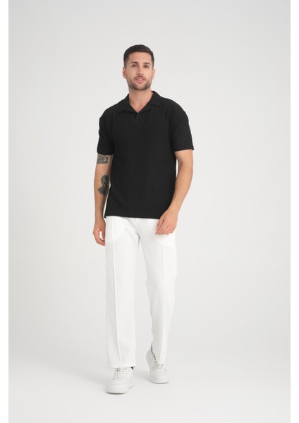 Premium V Yaka Oversize Fitilli T-Shirt - Siyah