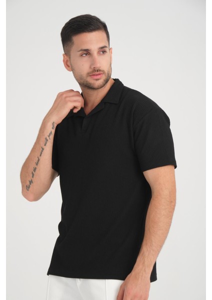 Premium V Yaka Oversize Fitilli T-Shirt - Siyah