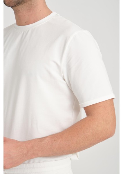 İki İplik Pamuklu Duble Kol Yırtmaçlı T-Shirt Şort Takım - Ekru modelleri