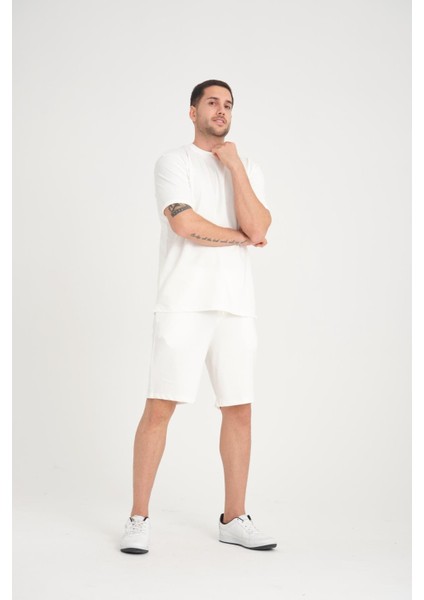 İki İplik Pamuklu Duble Kol Yırtmaçlı T-Shirt Şort Takım - Ekru fırsatları
