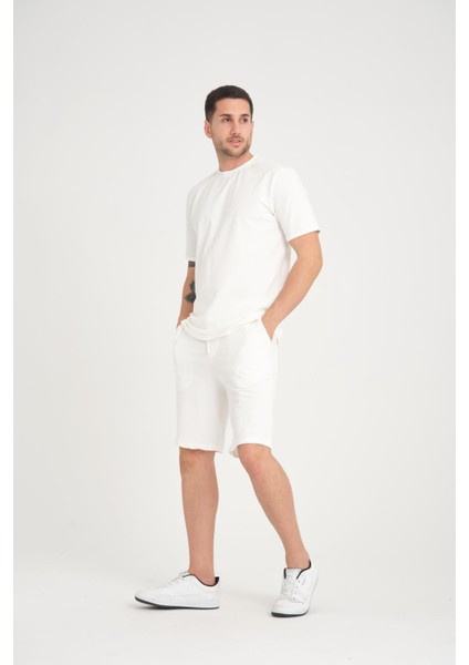 İki İplik Pamuklu Duble Kol Yırtmaçlı T-Shirt Şort Takım - Ekru indirimleri