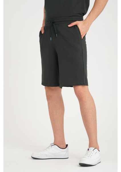 İki İplik Pamuklu Duble Kol Yırtmaçlı T-Shirt Şort Takım - Çam Yeşili fiyatları