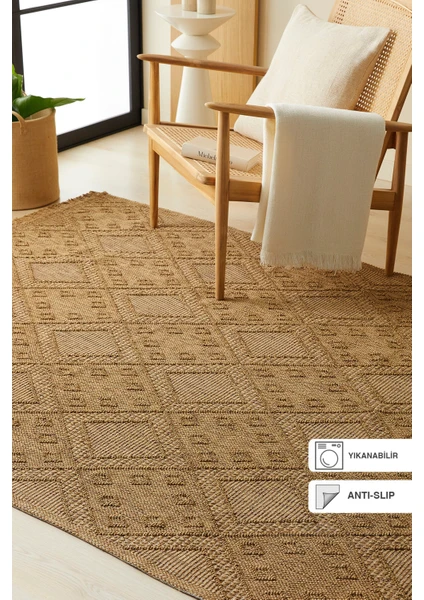 Ocean Home Textile Yıkanabilir Saçaklı Jüt Görünümlü Karo Desenli Halı Kilim 120 x 180 cm