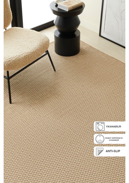 Yıkanabilir Jüt Görünümlü Ekru Naturel Renk Hasır Desenli Halı Kilim 160 x 230 cm