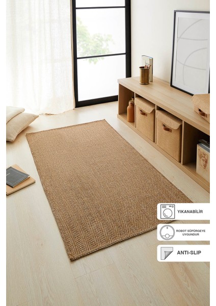 Yıkanabilir Jüt Görünümlü Naturel Renk Balıksırtı Halı Kilim 80 x 150 cm