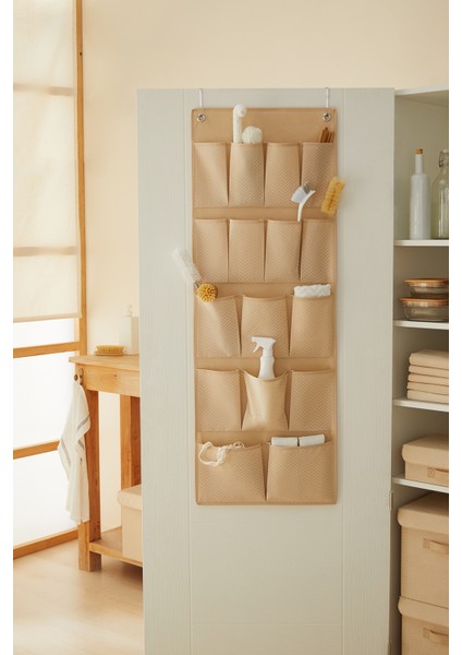 Bej 16 Cepli Çok Amaçlı Askılı Dolap İçi Banyo Mutfak Düzenleyici Terlik Organizer 45x125 cm